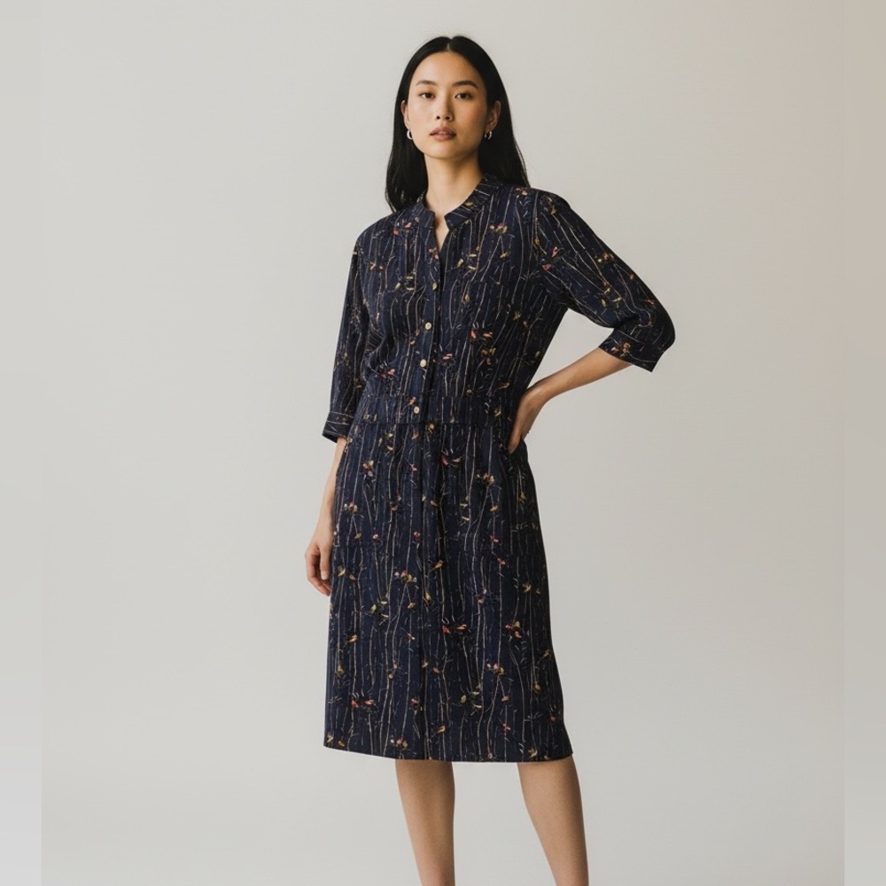 Don Munier Dress Small Navy Blue French Bird Design Bodycon 3/4 Sleeve